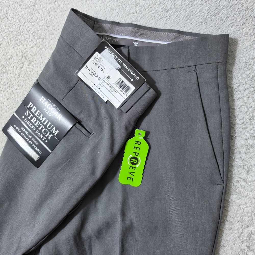NEW Haggar Dress Pants Mens 32/30 Grey Premium Stretch Straight Fit HD70928